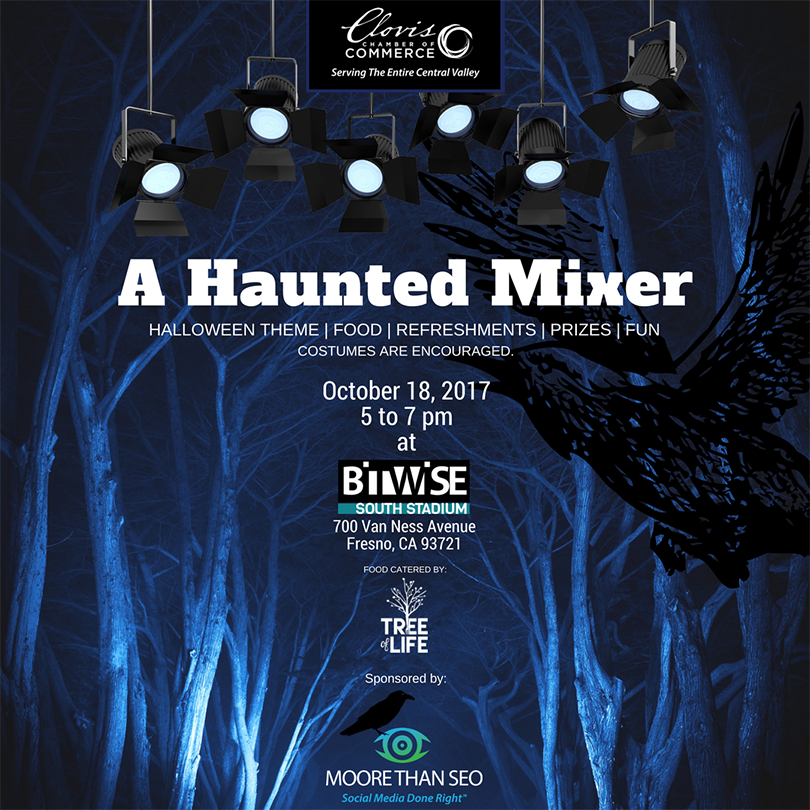 Shows A Haunted Mixer flyer with logos for Bitwise, Tree Of Life, and Moore Than SEO