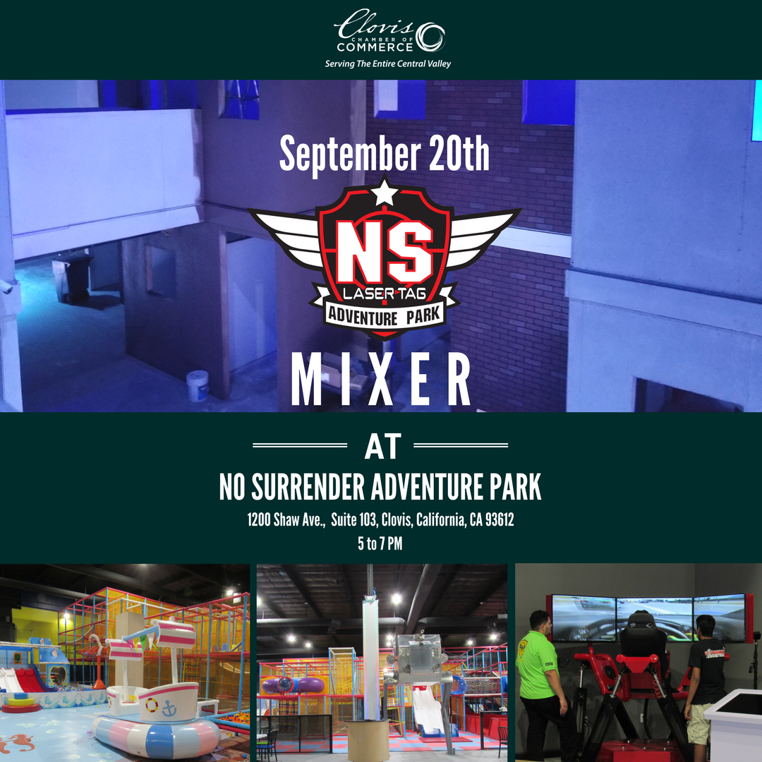 Graphic shows photos of No Surrender Adventure Park interior with date (September 20) and times (5 to 7 pm) for upcoming mixer.