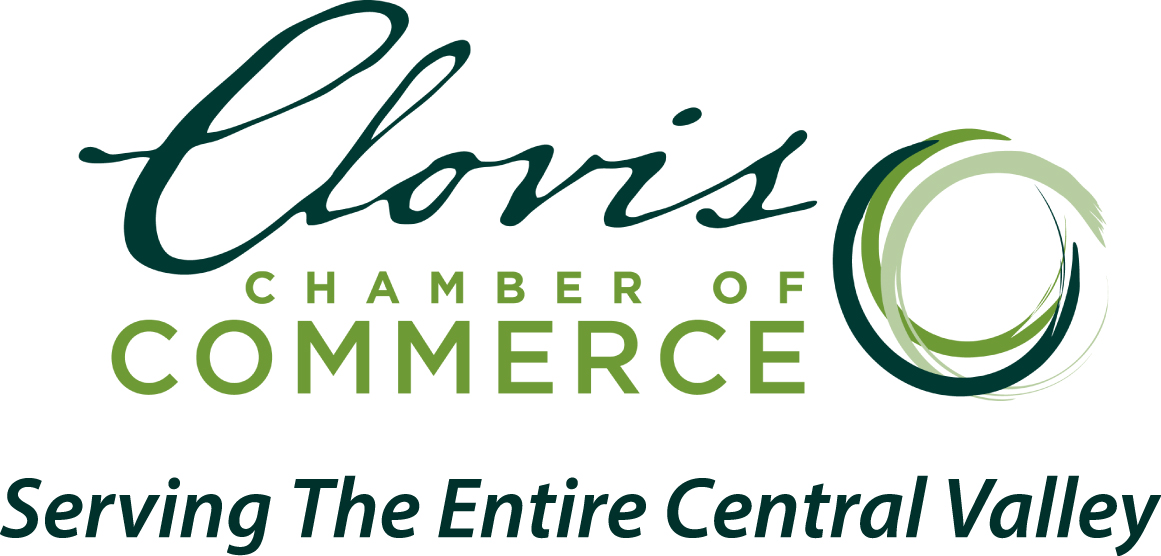Shows the stylized text logo of the Clovis Chamber of Commerce with circle swirl shape.